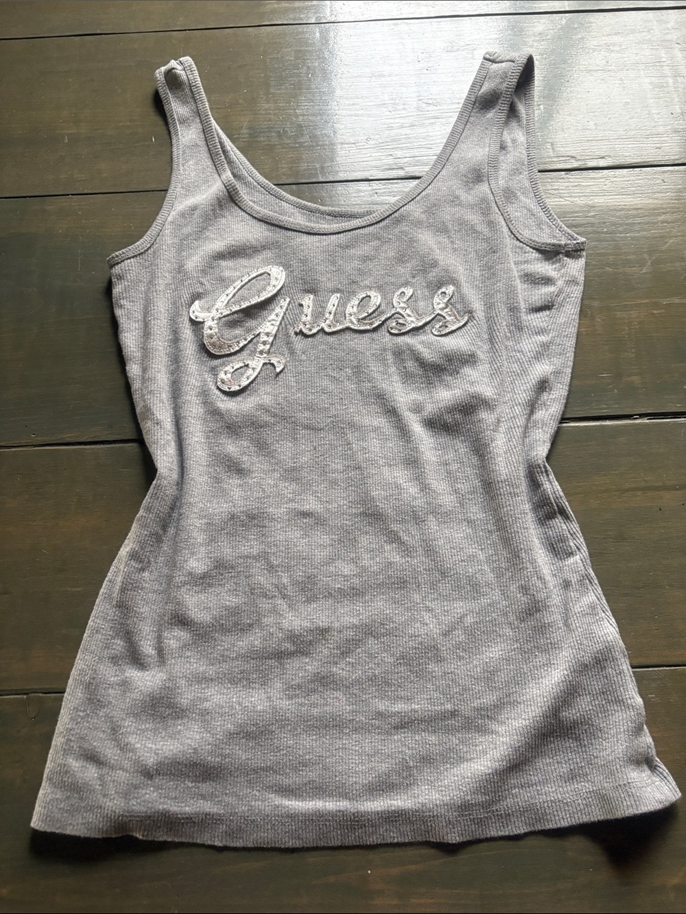 GUESS Gray Ribbed Tank with Script Sequin Logo